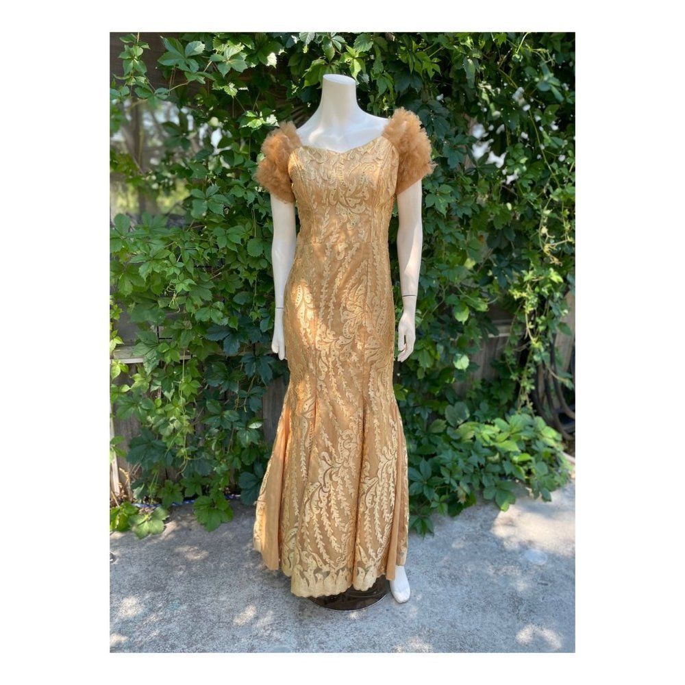 Gold Lace Mermaid Formal Dress Hand Tailored Ruffle Short Sleeve